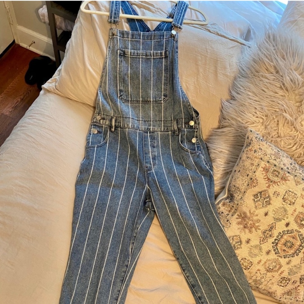 New Pacsun 90s Y2K Railroad Stripe Blue White Denim Jean Overalls Jumpsuit 29